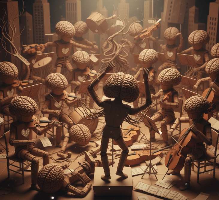 Orchestra analogy / brain diagram